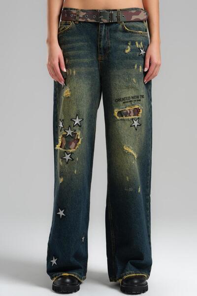 tw3 Pantaloni largi cu centură de camuflaj cu detaliu de stea