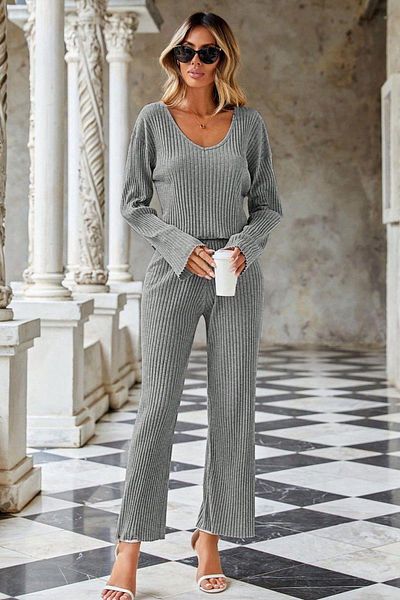 Mossta Gray V-Neck Blouse and Ribbed Pants Camisole Set