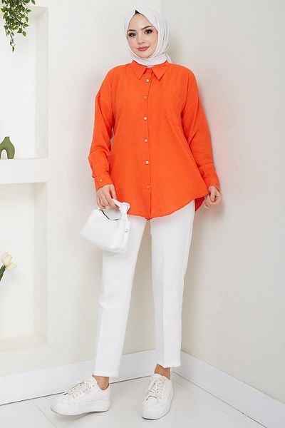 hafsamina Single Pocket Long Sleeve Oversize Linen Shirt Coral Hm2651