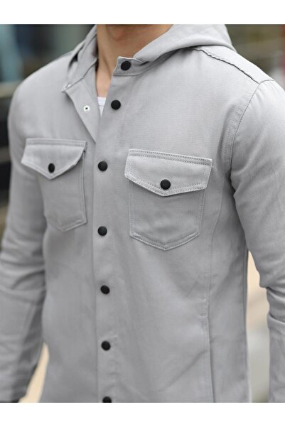 Pobudo Gri Renk Kapüşonlu Kot Ceket