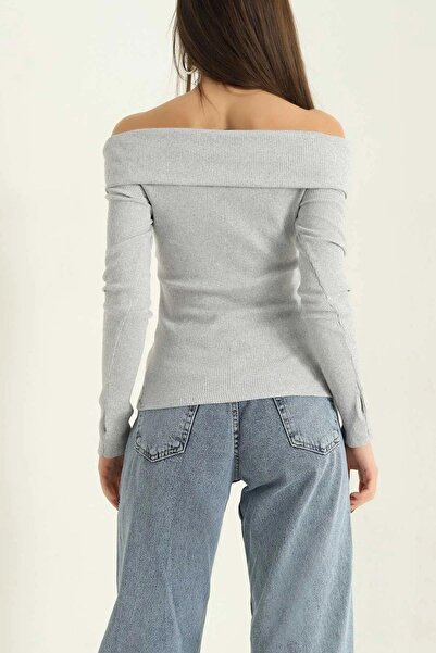 Mossta Boat Neck Finger Snap Ribbed Blouse Gray
