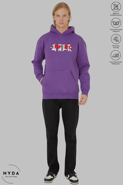 Nyda Collections Love Cat Printed Unisex Oversize Βαμβακερή κουκούλα - Μακρυμάνικο, Φούτερ με κουκούλα