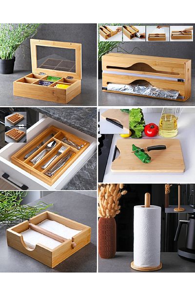 Pinkev 6-Piece Bamboo Cutting Board - Combination Set of Spoon Holder, Napkin Holder and Foil