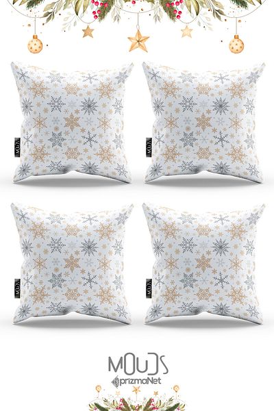 Moud's Christmas Pattern White Snowflakes - Set of 4, Double-Sided Print, New Year's Throw Pillow Cover Pl1128-4Pcs