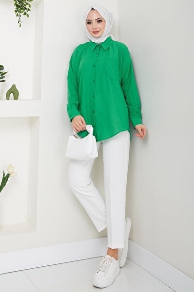 hafsamina Single Pocket Long Sleeve Oversize Linen Shirt Green Hm2651