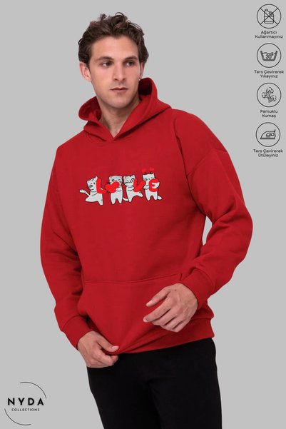 Nyda Collections Unisex Hoodie Long Sleeve Love Cat Printed Hooded Sweatshirt Oversize Cotton