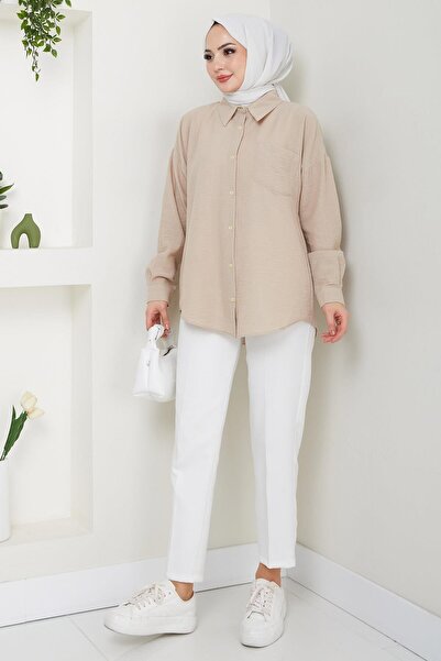 hafsamina Μονό τσέπη μακρυμάνικο λινό πουκάμισο μπεζ HM2651