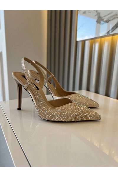 M&B Pantofi de damă cu toc de 9 cm cu detaliu din piatră de satin - Nr. 36 40