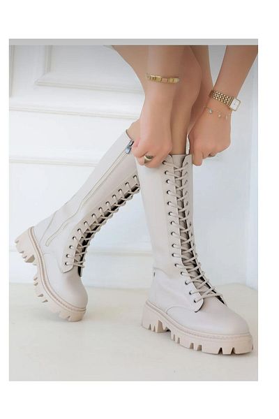 DS AYAKKABI Beige Colored Women's Boots - Zippered, Taim Brand