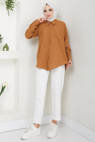 hafsamina Μακρυμάνικο λινό πουκάμισο Oversize - Μονή τσέπη, Tan HM2651