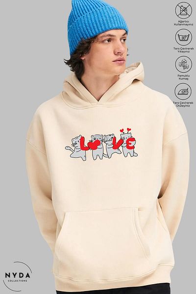 Nyda Collections Love Cat Printed Unisex Oversize Cotton Hoodie - Long Sleeve, Hooded Sweatshirt