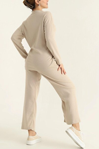 Mossta Beige Colored Knitwear Trousers and Blouse Double Set