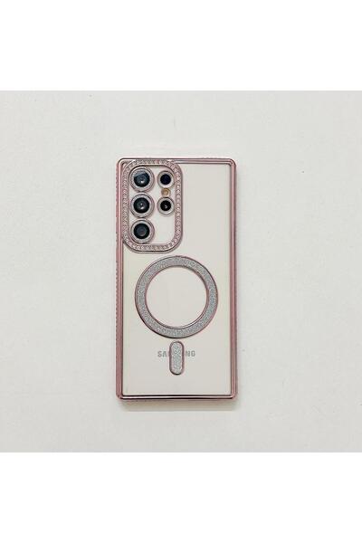 UnDePlus Samsung Galaxy S24 Ultra Kılıf Simli Magsafe Kamera Kenar Taşlı Kapak