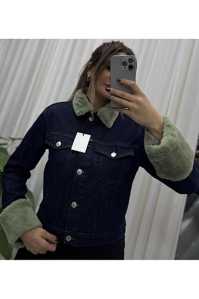 Daves Jachetă scurtă de blugi cu mâneci de pluș verde