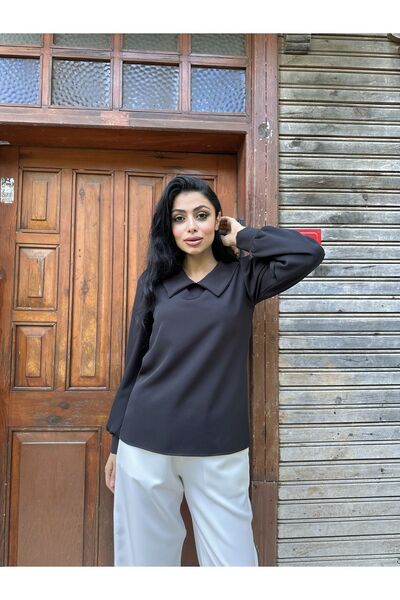 KÜÇÜĞÜM BUTİK Μαύρη κρεπ μπλούζα με μακρυμάνικο γιακά