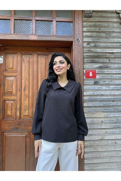 KÜÇÜĞÜM BUTİK Long Sleeve Collared Black Crepe Blouse