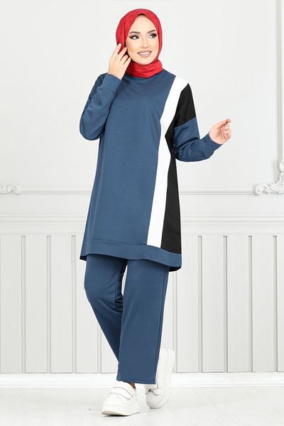 ModaMerve Indigo Hijab Set - Stripe Detail, Model 9114Pl940-M