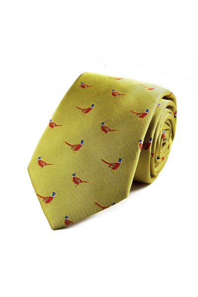 Sade Kravat Bal Köpüğü Altın Sarı Kırmızı Lacivert Özel Dokuma Kuş Desenli Kravat 29762 Bal Köpüğü