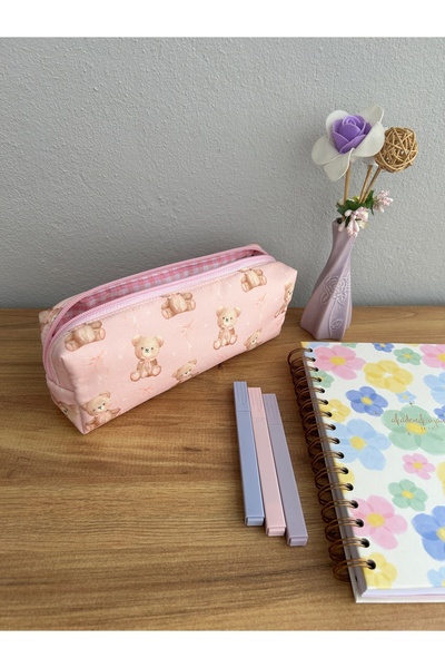 minyaturhayalim Pembe teddy ayıcık desenli kalemlik kalem kutusu makyaj çanta...