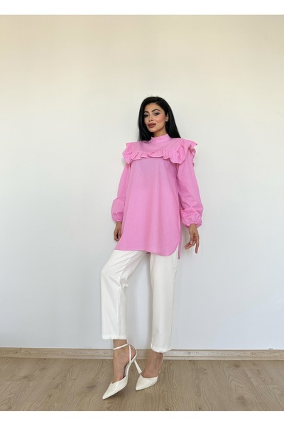 KÜÇÜĞÜM BUTİK Pink Polka Dot Frilly Long Poplin Tunic