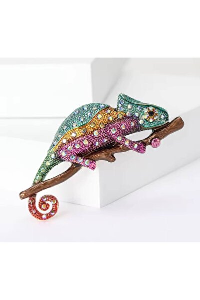 ESJ Kristal Taş Dalda Bukalemun Kadın Broş Ebat: 6,4*7,7 Cm