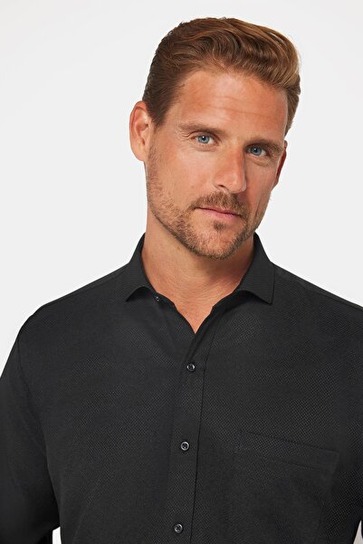 Tudors Erkek Regular Fit Klasik Kesim Pamuklu Kolay Ütü Armürlü Siyah Gömlek