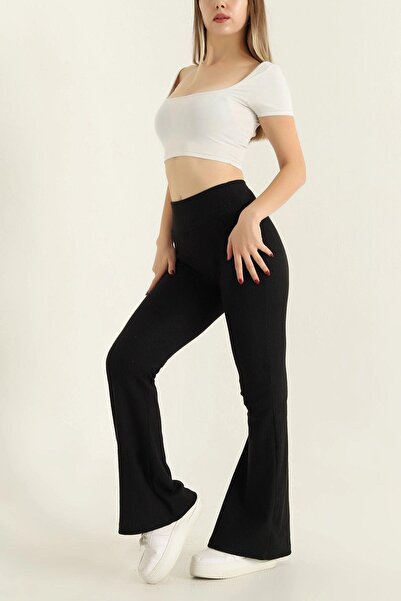Mossta Black Ribbed Spanish Leg Trousers