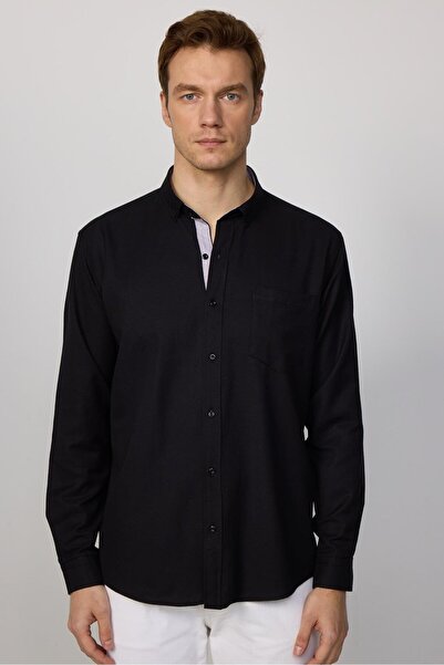Tudors Erkek Regular Fit Klasik Kesim Düğmeli Yaka Pamuklu Kolay Ütü Oxford Düz Siyah Gömlek