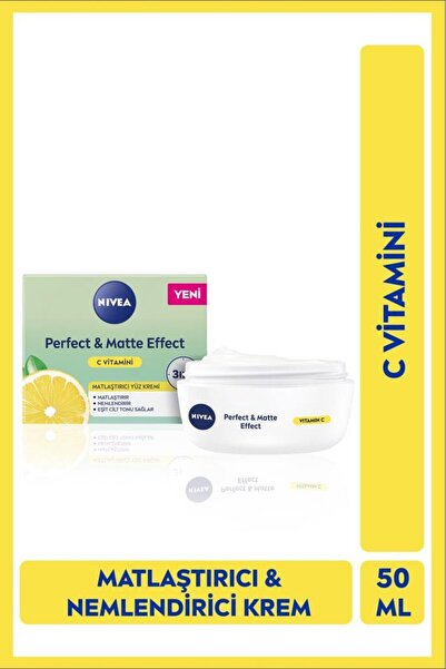 NIVEA Perfect&matte Matlaştırıcı Gündüz Yüz Bakım Kremi 50ml, C Vitamini, Eşit Cilt Tonu, Nemlendirici