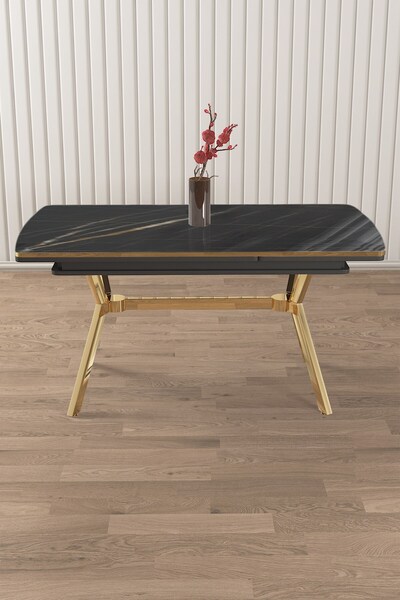 Canisa Nis Serisi 89x150 Açılabilir Siyah Mermer Desen Lak Panel Gold Ayak Masa