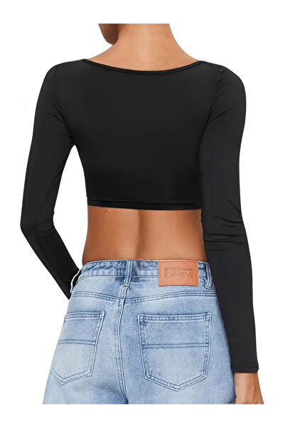 KİM Kİ O Чорний кроп-топ з квадратним вирізом і довгими рукавами з тонкими плавками