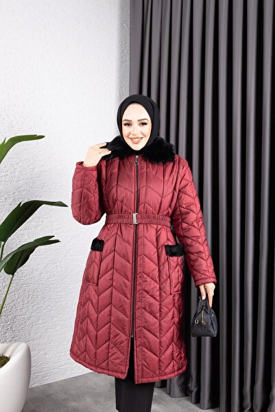 HARMAN BUTİK Women's Pocket Collar Fur Quilted Coat