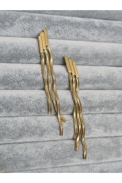 Brassito Women's Steel Earrings Triple Line Model Italian Chain Dangle Gold Color 316 L Sterling Steel