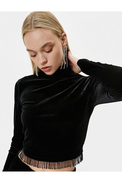 Koton Crop Velvet T-Shirt with Dangling Beads High Collar - Handmade Collection