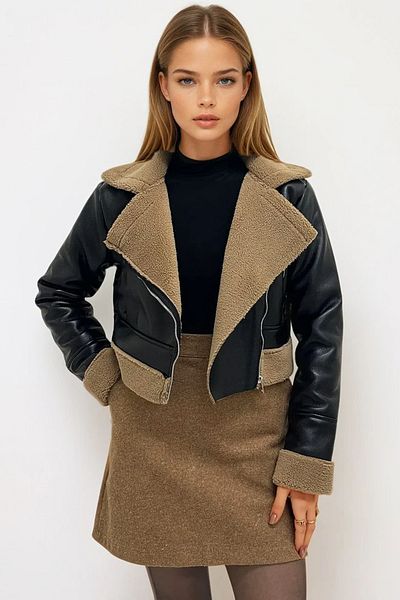 VAGGON Palton crop cu fermoar lateral din blană neagră pentru femei Prm1357