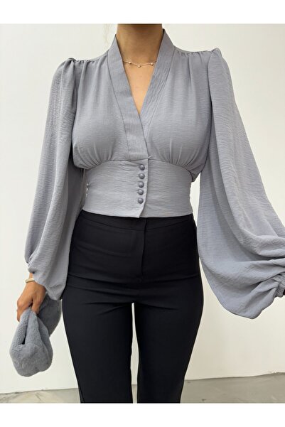 Modamorfo Μπαλόνι μανίκι με κουμπιά και ελαστική πλάτη - Γκρι