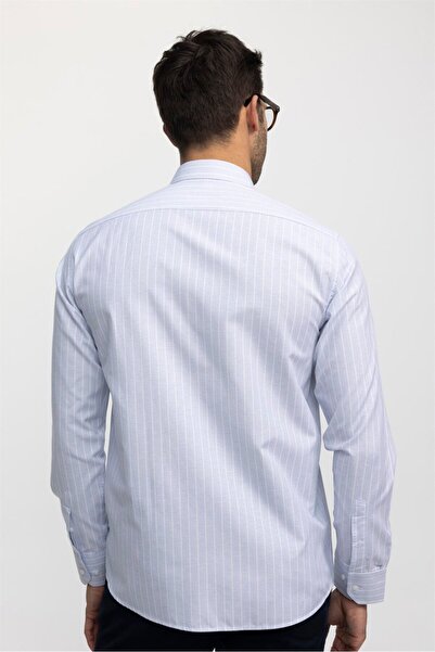 Tudors Erkek Regular Fit Klasik Kesim Pamuklu Kolay Ütü Çizgili Mavi Gömlek