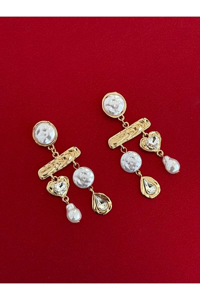 Luparadis Ns-Zr Model Heart &amp;   Drop Detail Pearl Gold Earrings