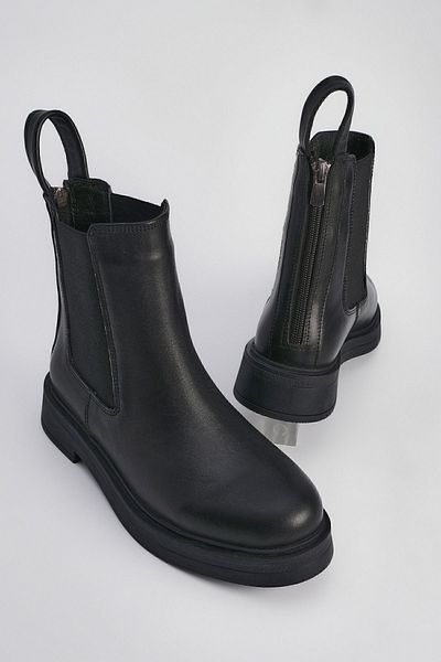 Marjin Damenstiefel aus echtem Leder mit elastischem Seitenband, Alltagsstiefel Kater Schwarz