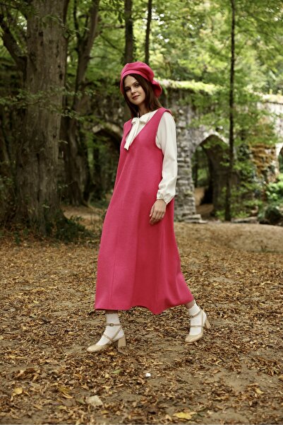 KÜÇÜĞÜM BUTİK Ροζ σφραγίδα μακρύ χειμωνιάτικο φόρεμα με λαιμόκοψη V και καπέλο σφραγίδας (σετ 2)