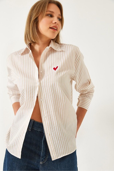 BE CHİC Γυναικείο κέντημα καρδιά κεντημένο ριγέ φαρδύ Premium υφαντό πουκάμισ...