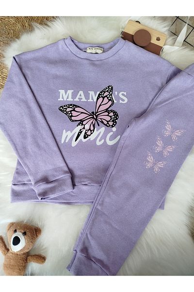 renkli diyar Butterfly Printed Crew Neck Suit Set for Girl