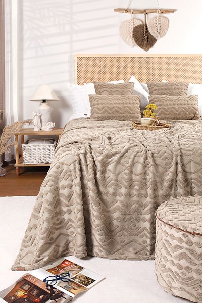 HAMUR Double Nordic Bedspread Set - Bohemian Punch Ponch Pattern, Letta Natural