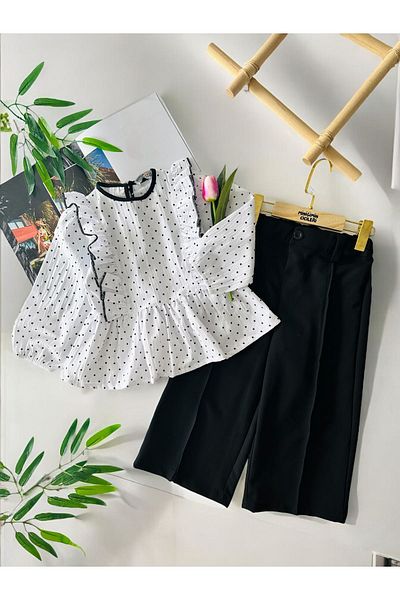Minigimin Cicileri Costum cu pantaloni pentru fete cu buline My Mini's Ladies - AlbNegru