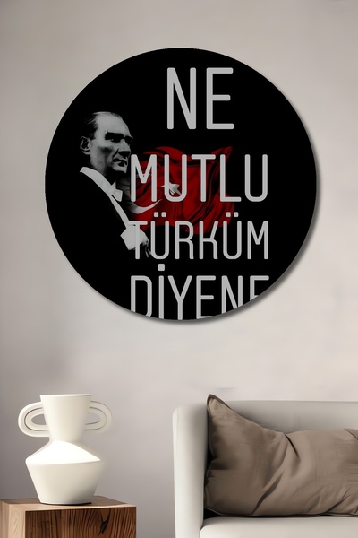 Teona Ahşap Tablou decorativ din lemn MDF cu inscripție: Ataturk, cum ar fi să fiu un turc fericit, tablou rotund