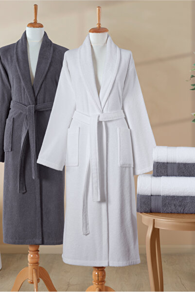 Ellaline 6 Piece Bathrobe Set 100% Cotton Certified, Family Bathrobe Set |   Dowry |   White - Anthracite