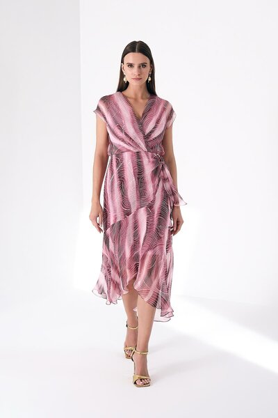 EXPLOSION Desenli Şifon V Yaka Düğüm Detaylı Midi Elbise