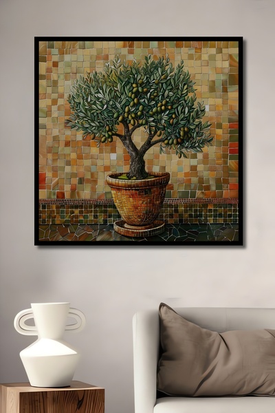 Teona Ahşap Çerçeve Görünümlü Zeytin Ağacı Mozaik Ahşap MDF Dekoratif Ev Duvar Tablo Dikdörtgen Ev Duvar Tablo