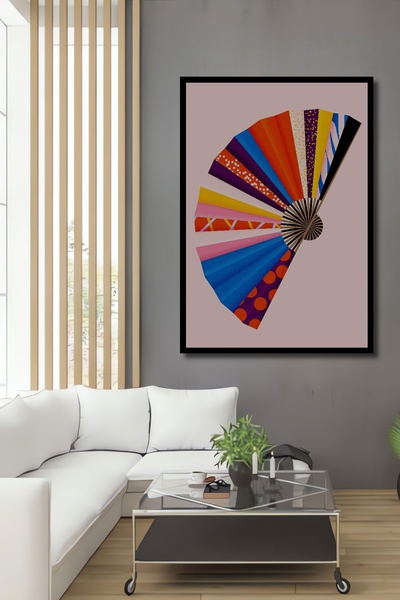 Teona Ahşap Çerçeve Görünümlü Renkli Yelpaze Dekoratif Ahşap MDF Ev Duvar Tablo Dikdörtgen Ev Duvar Tablo