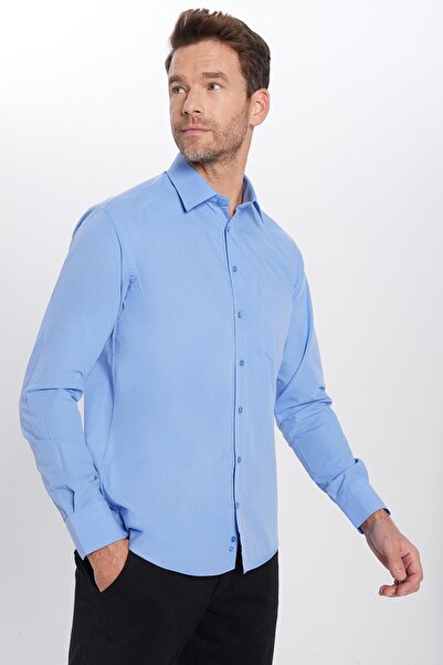 Tudors Klasik Fit Uzun Kollu Pamuklu Kolay Ütü Düz Mavi Erkek Gömlek